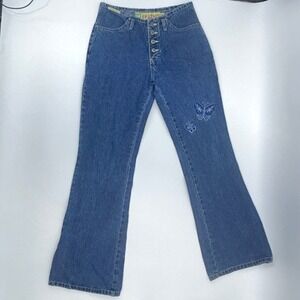 Y2K Butterfly Jeans No Excuses Button Fly Mid Rise Flare Leg Indie Denim